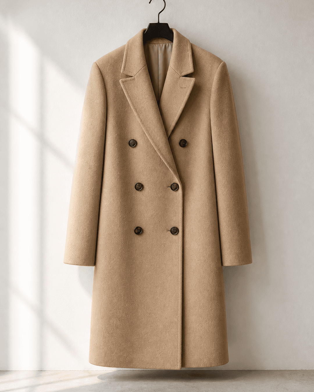 Producto en percha: abrigo camel en estudio