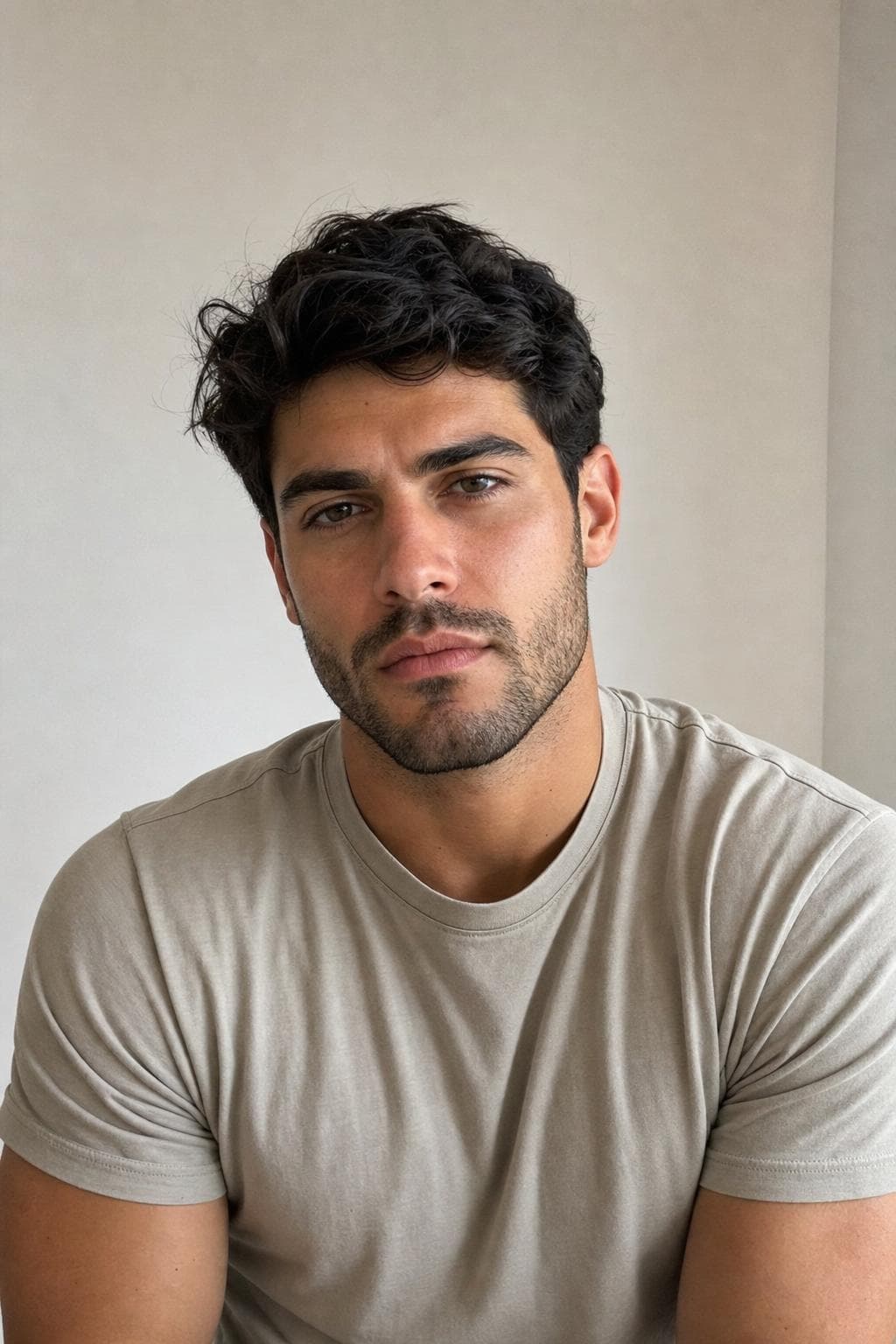 Modelo hombre cabello oscuro, look editorial