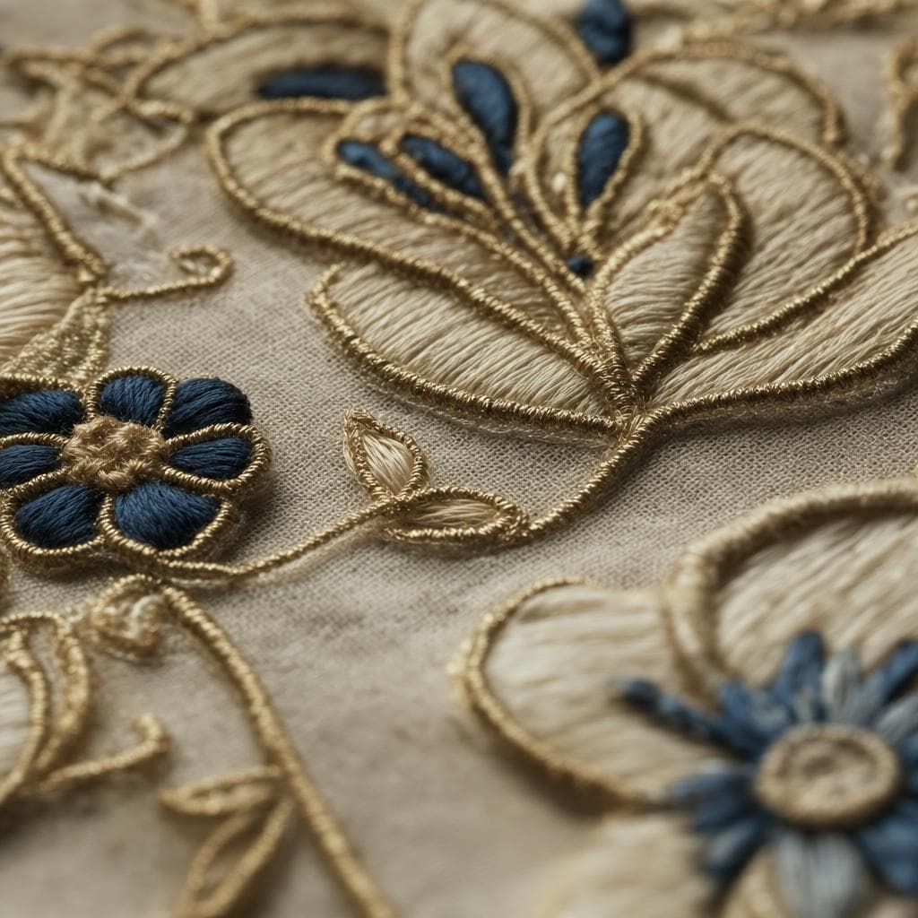 Detalle de bordado con hilos y relieve visible